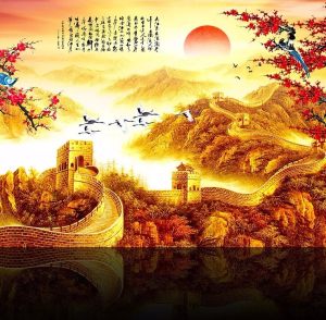 金红色万里长城画办公室大靠山背景墙书房客厅山水画大型壁画壁纸